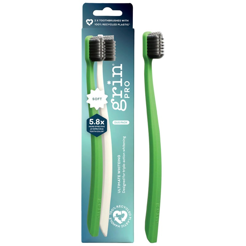 Grin Extra Soft Toothbrushes for Adults â€“ Travel Toothbrush with Charcoal Infused Bristles â€“ Manual Full Mouth Brush Head for Whitening & Gum Care â€“ 2 Count (1 Pack Set)